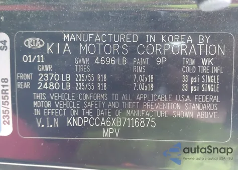 2011 Kia Sportage Sx z USA, uszkodzony, nr VIN KNDPCCA6XB7116875